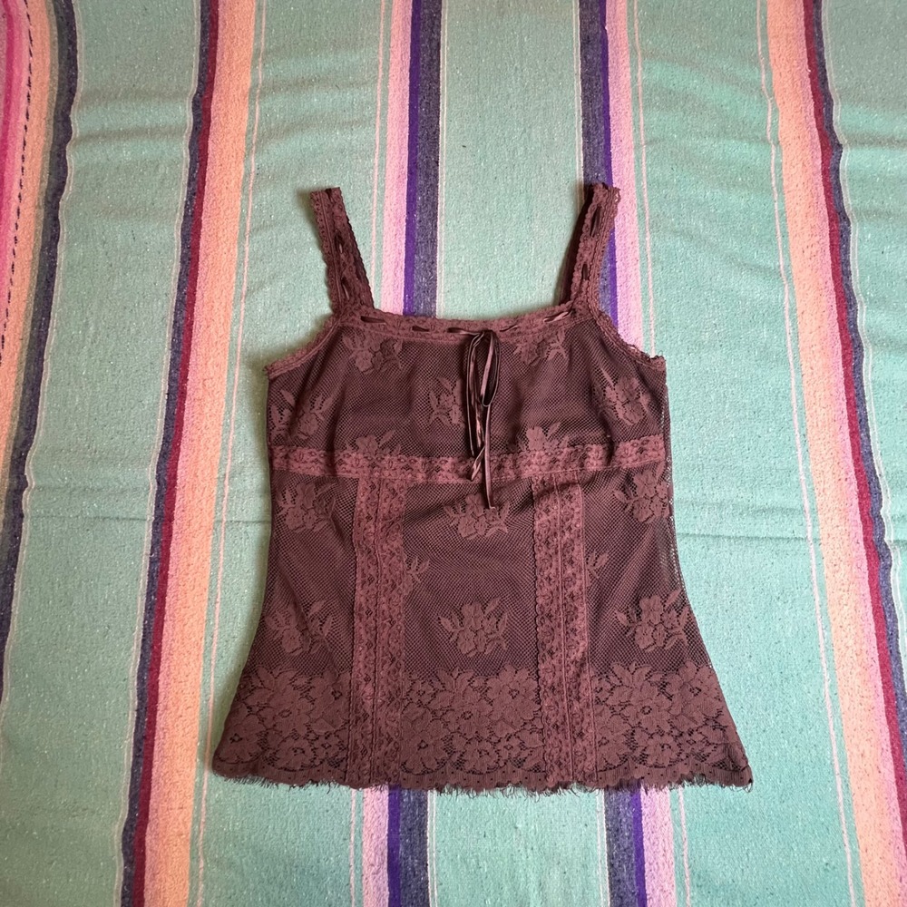 Tank Women M Brown Floral Lace Mesh Ribbon Tie Y2K Fairycore Sleeveless